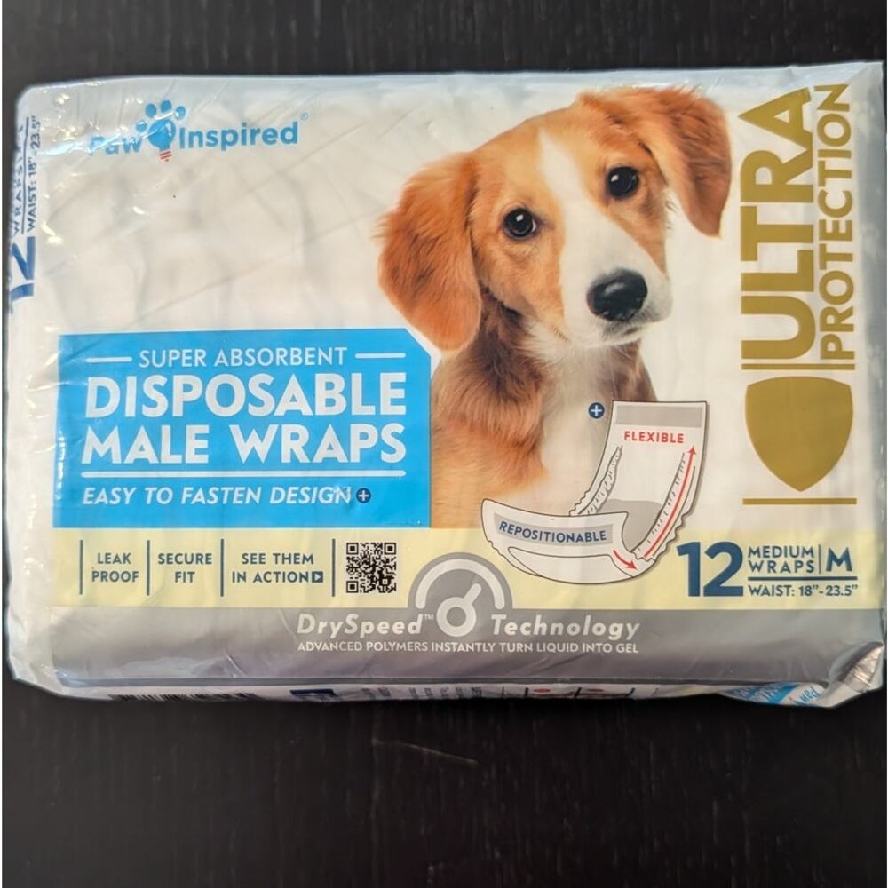 Paw Inspired Male Dog Wraps Medium 12 Count Disposable Diapers New Sealed